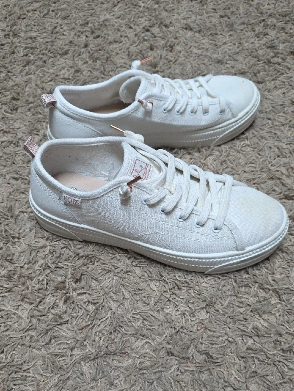 BOBS from Skechers White Canvas Sneakers with Rose Gold Accents